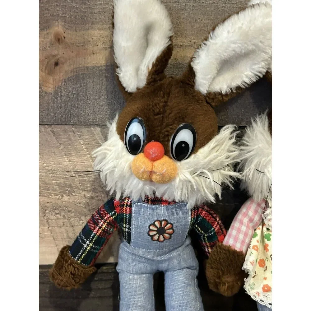 80's Set Of 2 Bunny's Brown Rabbits Dressed Cute Shaggy‎ Collectible Toy